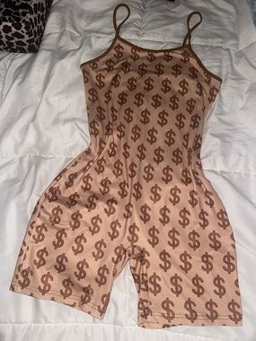 Dollar Sign Print Stretch Romper - Brown
